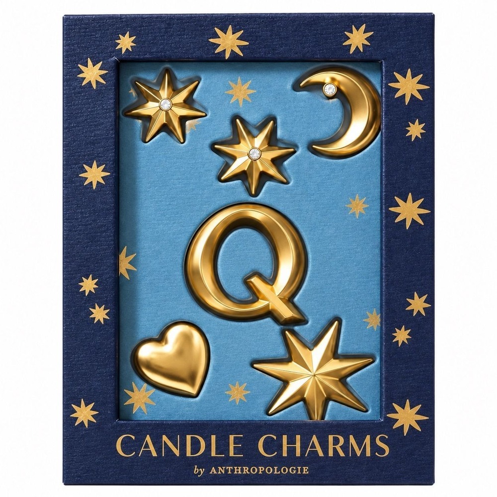 Anthropologie Q Monogram Celestial Candle Charms Gold Star Moon Heart Set NWT